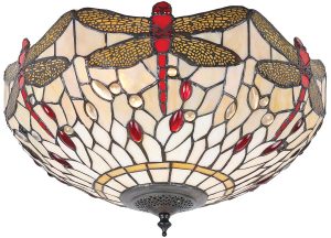 Beige Dragonfly Medium 2 Lamp Flush Tiffany Ceiling Light