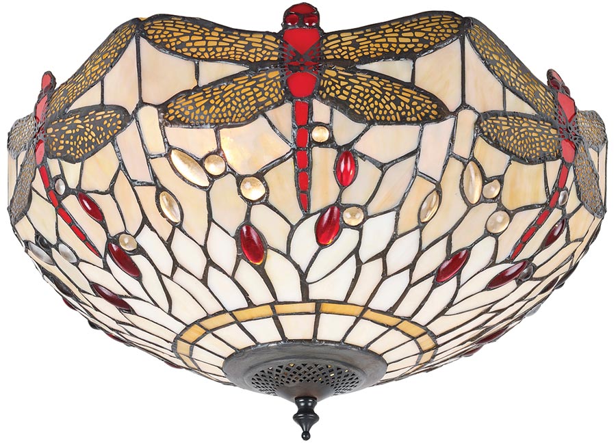 Beige Dragonfly Medium 2 Lamp Flush Tiffany Ceiling Light