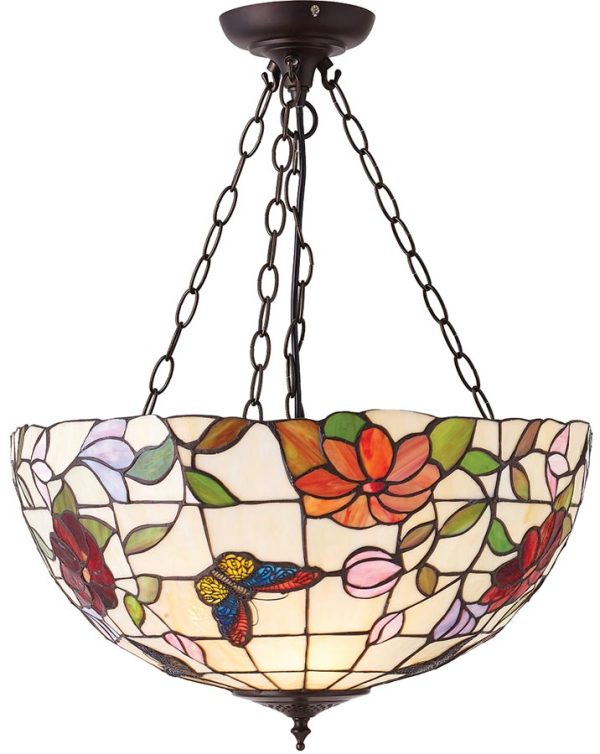 Butterfly Large Floral 3 Light Inverted Tiffany Uplighter Pendant