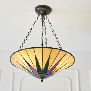 Dark Star large Tiffany 3 light Art Deco pendant uplighter, in living room setting.