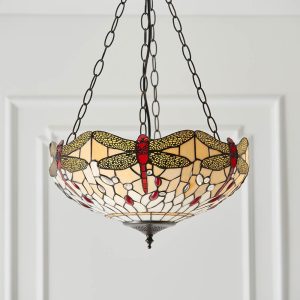 Beige Dragonfly medium 3 light Tiffany uplighter pendant, shown in panelled room.