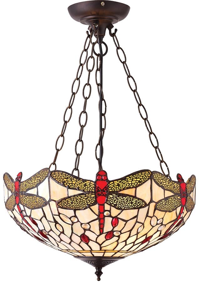 Beige Dragonfly Medium 3 Light Tiffany Uplighter Pendant