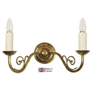 Cottage handmade twin wall light in solid brass shown in light antique