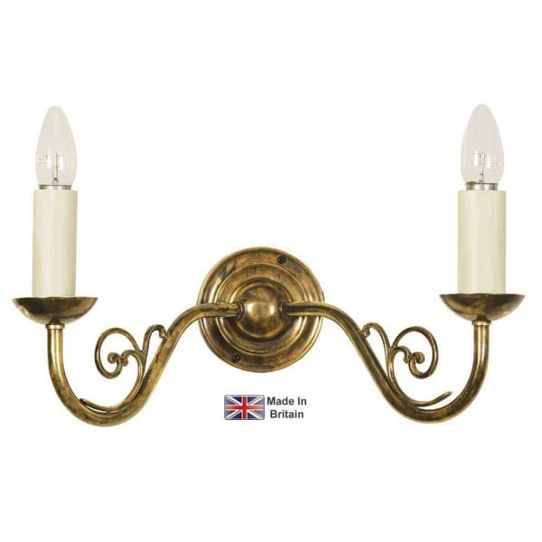 Cottage handmade twin wall light in solid brass shown in light antique