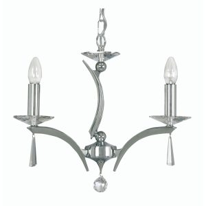 Wroxton chrome plated cast brass modern 3 light chandelier on white background.