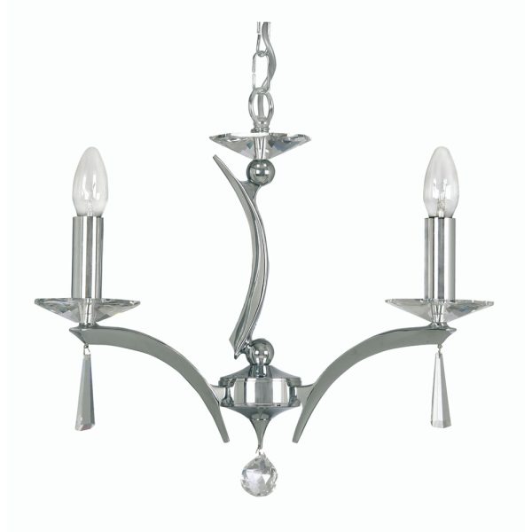 Wroxton chrome plated cast brass modern 3 light chandelier on white background.