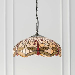 Medium 3 lamp Beige Dragonfly Tiffany pendant light, shown in panelled room.