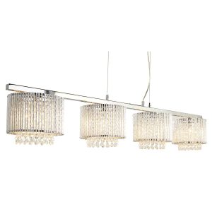 Elise 4 light pendant bar in polished chrome with crystal glass on white background lit