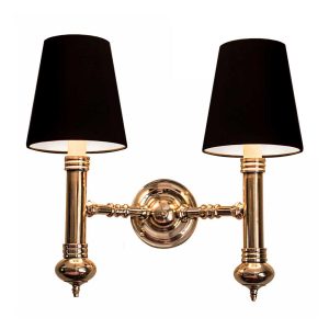 Carlton vintage twin wall light in solid polished brass black shades