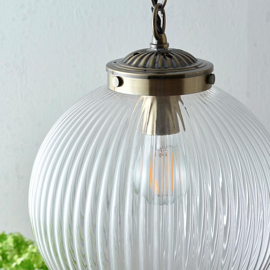 Brydon 25cm Ribbed Glass Globe Ceiling Pendant Antique Brass 71123