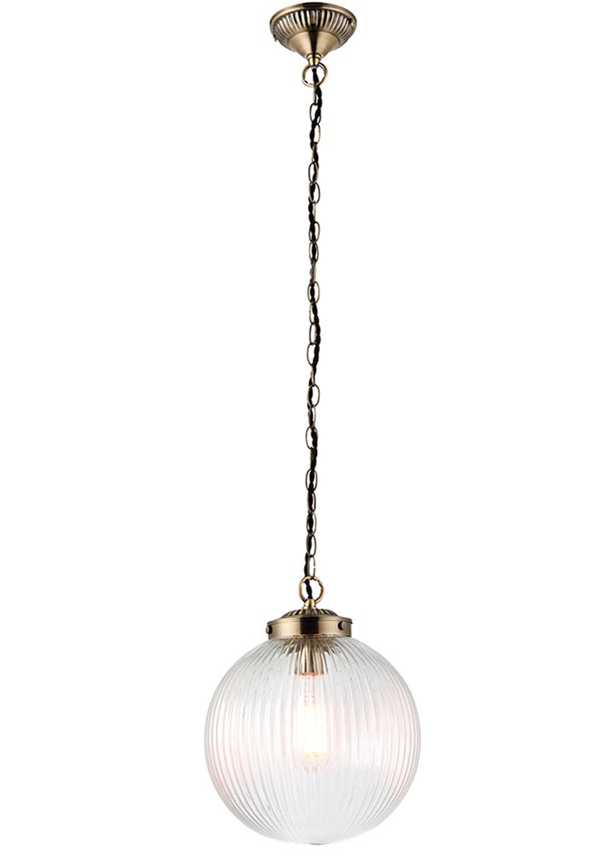 Brydon 25cm Ribbed Glass Globe Ceiling Pendant Antique Brass