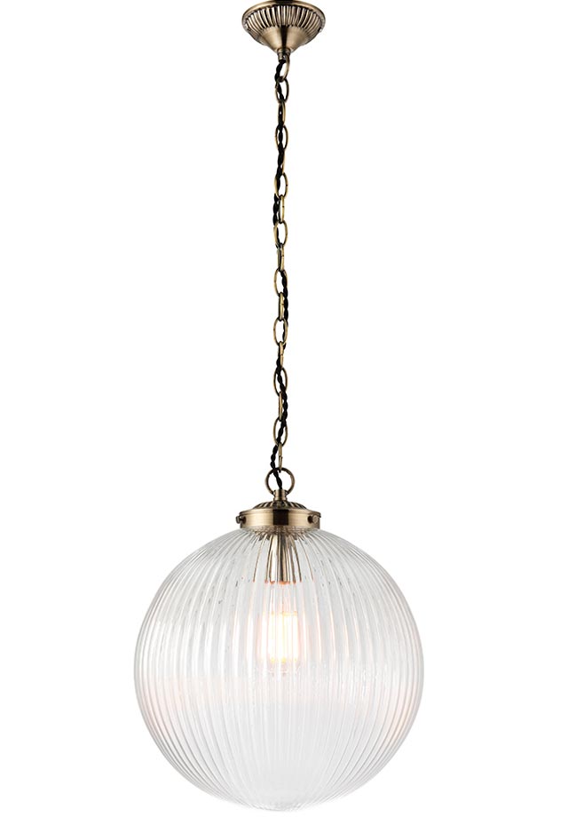 Brydon 35cm Ribbed Glass Globe Ceiling Pendant Antique Brass