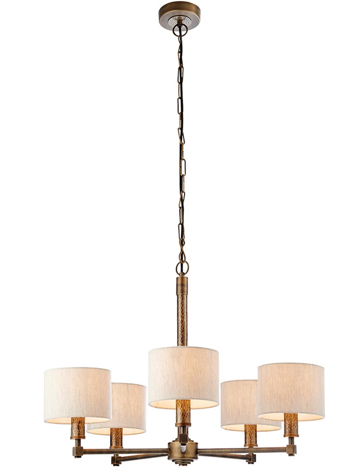 Indara 5 Light Chandelier Hammered Bronze Natural Linen Shades