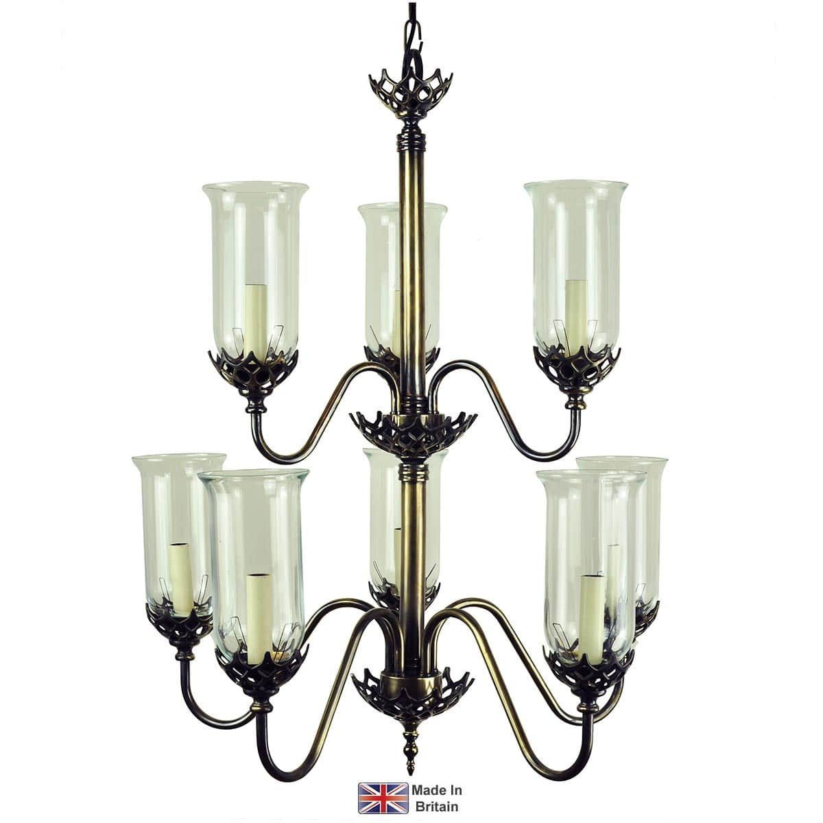 Gothic 8 Light Chandelier Solid Brass Storm Glass Shades