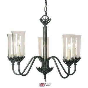 Gothic 5 light chandelier in solid brass with storm glass shades shown in dark antique