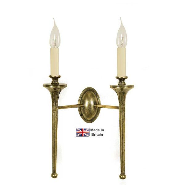 Grosvenor twin Edwardian wall light in solid brass shown finished in light antique
