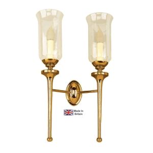 Grosvenor Edwardian twin wall light in solid brass with storm glass shades shown polished