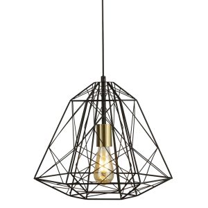 Geometric cage industrial pendant light in matt black on white background