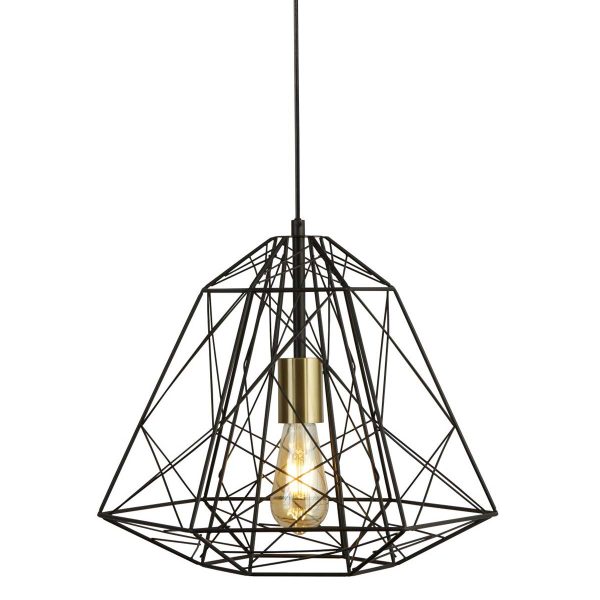 Geometric cage industrial pendant light in matt black on white background