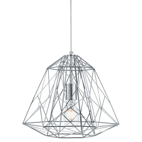 Geometric cage industrial pendant light in polished chrome on white background