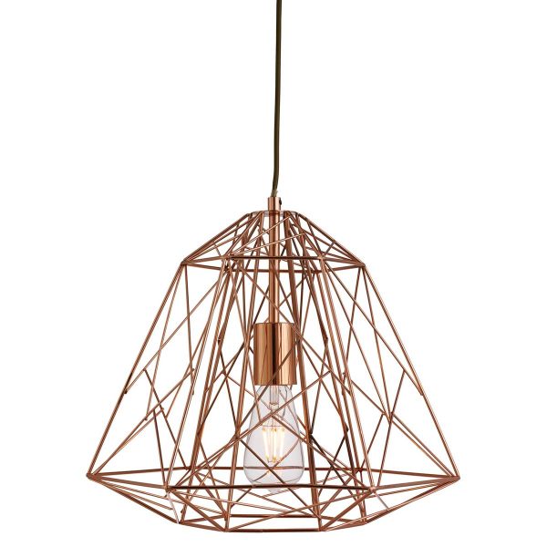 Geometric cage industrial pendant light in copper on white background