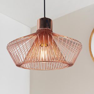 Kimberley 1 light polished copper cage pendant shown or room ceiling