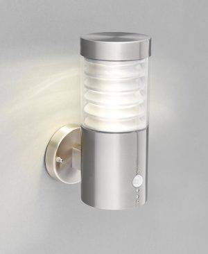 Equinox LED PIR outdoor wall light in 316 stainless steel IP44 lit