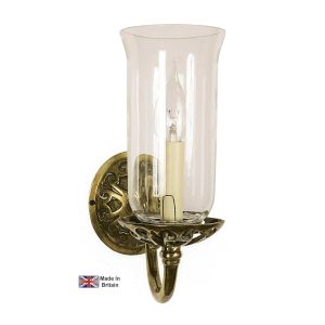 Empire Georgian wall light in solid brass with storm glass shade shown in light antique