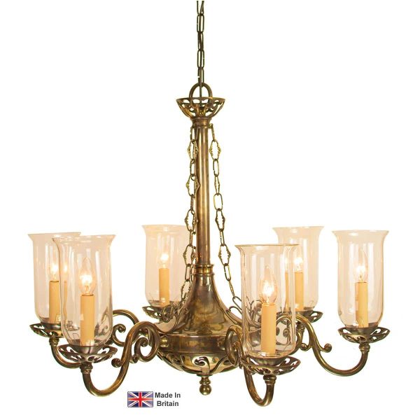 Empire 6 light Georgian chandelier in solid brass with storm glass shades shown in light antique