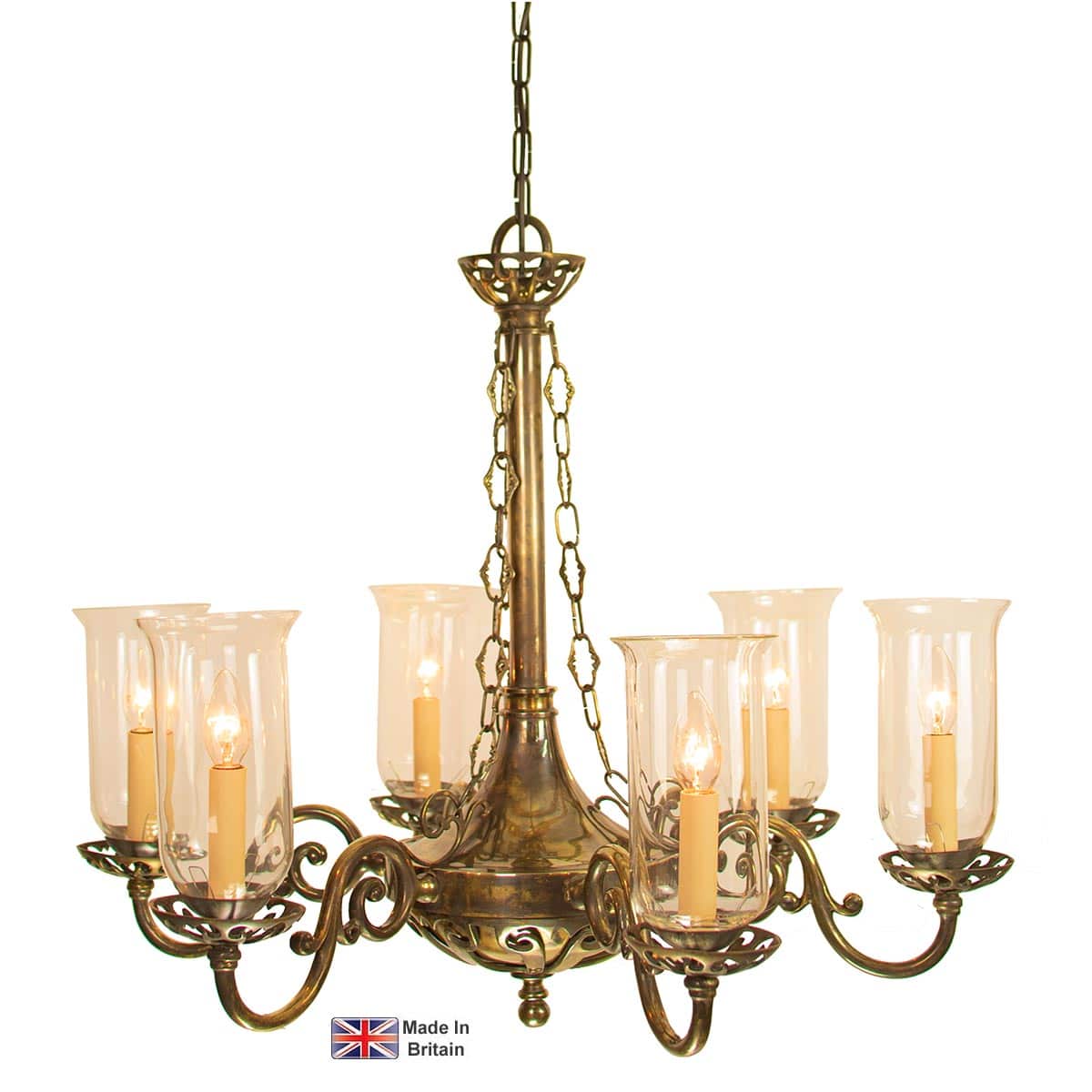 Empire 6 Light Georgian Chandelier Solid Brass Storm Glass