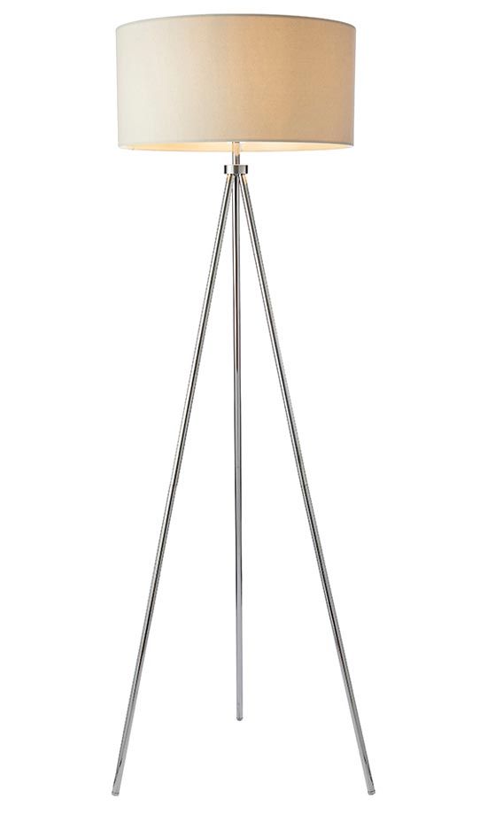 Tri 1 Light Tripod Floor Lamp Polished Chrome Ivory Shade