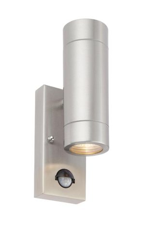 Atlantis outdoor up & down PIR wall light in 316 stainless steel lit