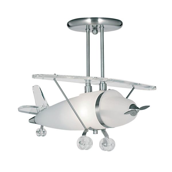 Satin silver finish and frosted glass semi flush aeroplane light.