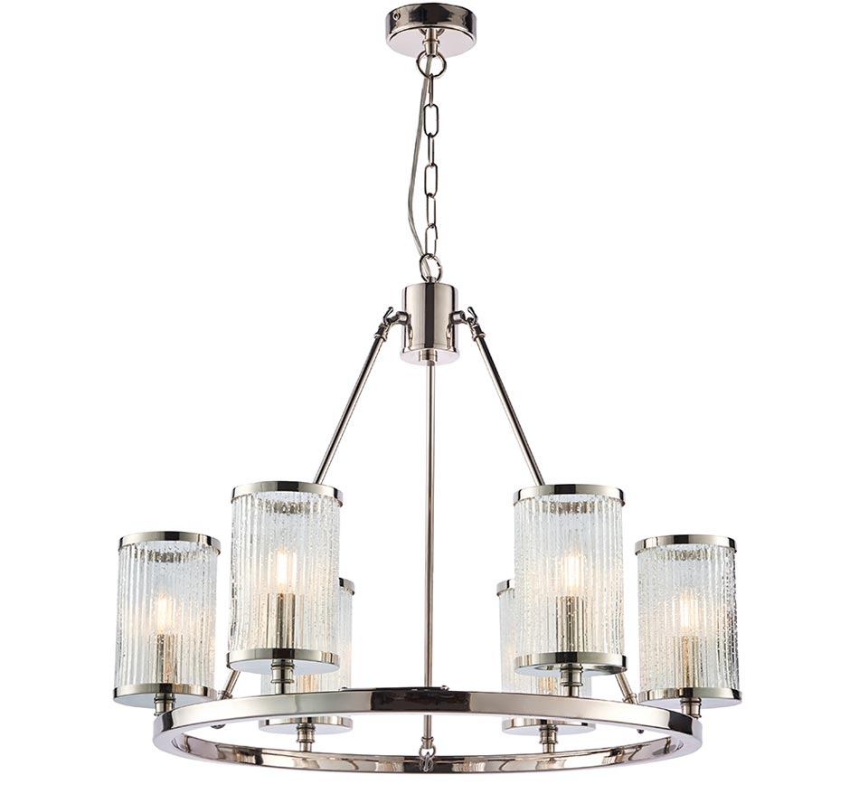 Easton 6 Light Chandelier Polished Nickel Ribbed Bubble Glass Shades
