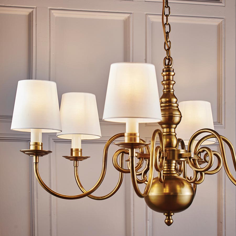 Chamberlain Solid Brass 6 Light Flemish Chandelier Marble Silk Shades 74452