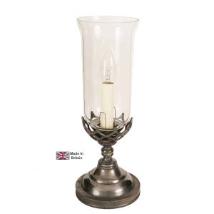 Gothic small 1 light table lamp in solid brass with storm glass shade shown in dark antique