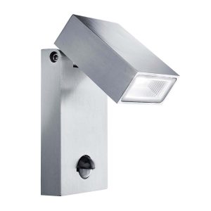 Metro adjustable PIR outdoor wall light in brushed aluminium on white background