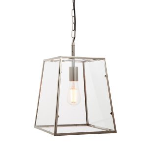 Hurst 1 light pendant lantern in polished nickel on white background lit