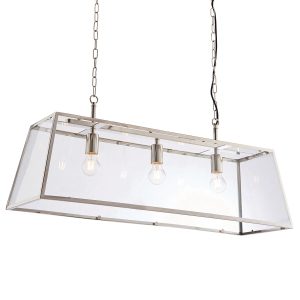 Hurst 3 light hanging trough lantern in polished nickel on white background lit