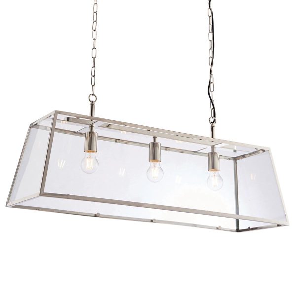 Hurst 3 light hanging trough lantern in polished nickel on white background lit