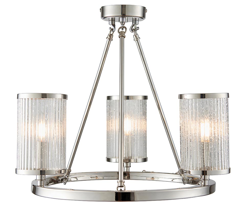 Easton 3 Light Semi Flush Ceiling Light Polished Nickel Ribbed Glass