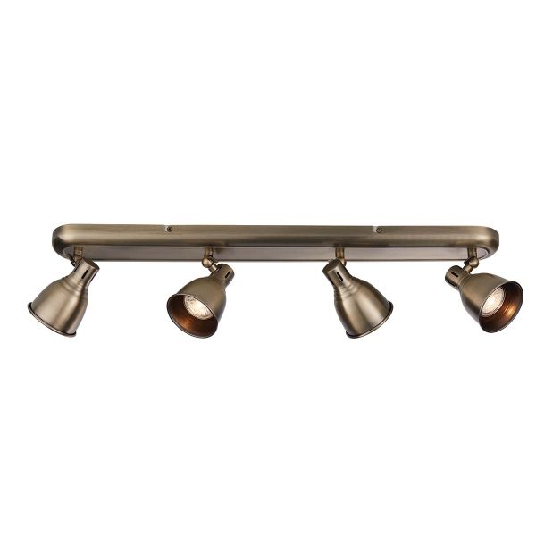 Westbury retro style 4 lamp ceiling spot light bar in antique brass on white background lit