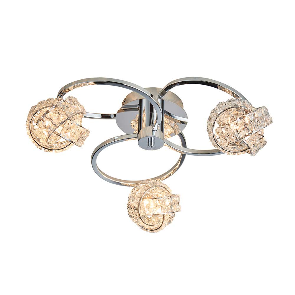 Talia 3 lamp semi flush ceiling light in polished chrome with crystal shades, lit on a white background.