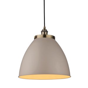 Franklin small pendant light in antique brass with taupe shade on white background