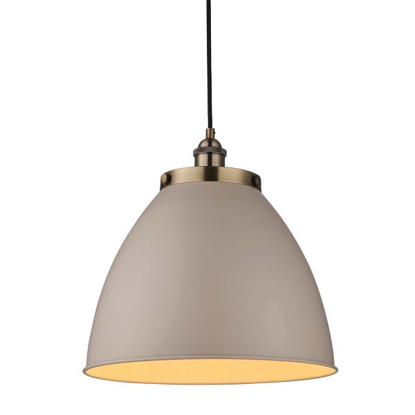 Franklin large pendant light in antique brass finish with taupe shade on white background
