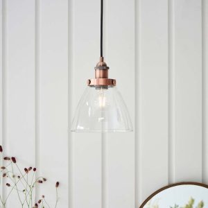 Hansen small single aged copper ceiling pendant in room setting