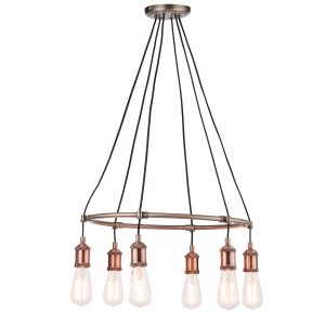Hal 6 light ceiling pendant in aged pewter on white background lit