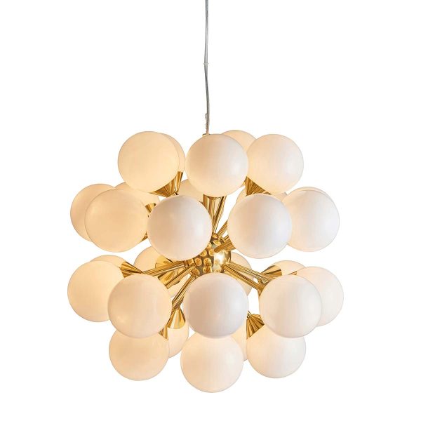 Oscar 28 light pendant in brushed brass with opal glass shades, main image lit