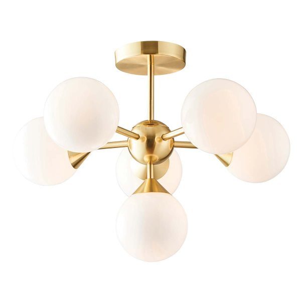 Oscar 6 light semi flush low ceiling light in brushed brass on white background lit