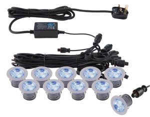 IkonPro stainless 10 light 45mm CCT LED deck lighting kit blue shown